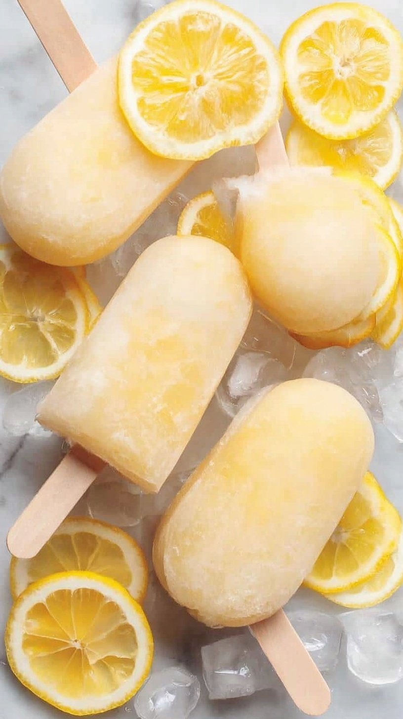 A tray of bright yellow frozen lemonade popsicles with fresh lemon slices on a wooden table.
