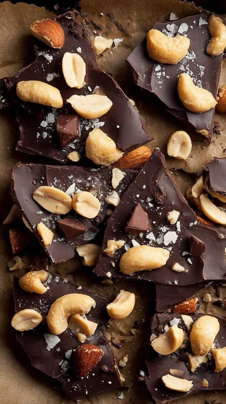 Pieces of dark chocolate peanut bark with sea salt on parchment paper