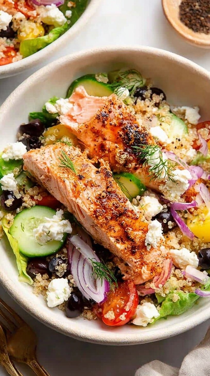 A vibrant Greek Salmon Quinoa Salad in a bowl with feta, olives, and cucumbers