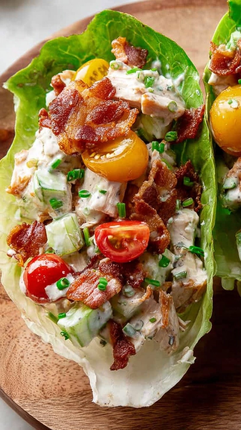 A bowl of creamy chicken salad with bacon, tomatoes, and romaine lettuce.