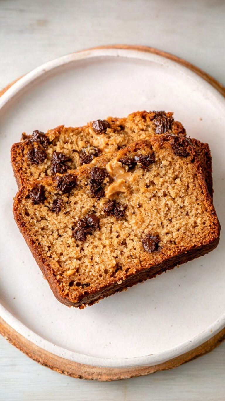 A sliced loaf of golden brown peanut butter bread on a wooden cutting board.