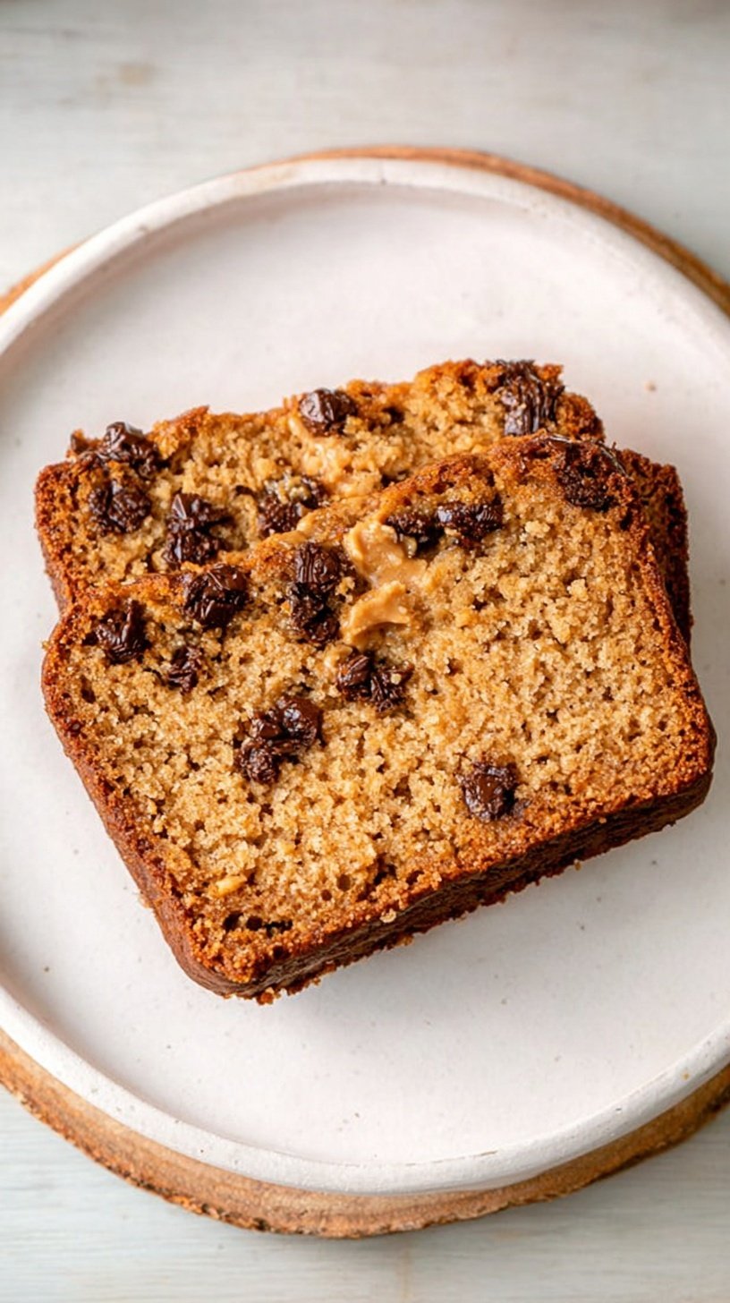 A sliced loaf of golden brown peanut butter bread on a wooden cutting board.