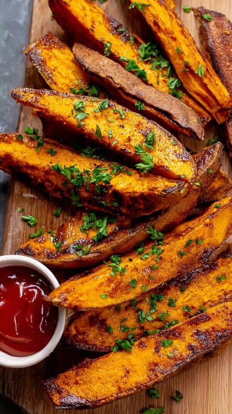 A basket of golden brown, crispy air fryer sweet potato wedges seasoned with smoked paprika and sea salt.