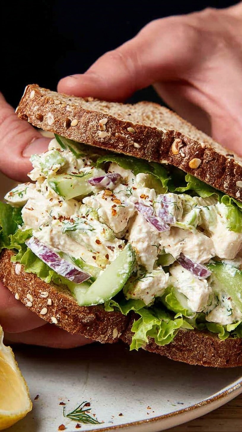 A bowl of creamy chicken salad made with Greek yogurt and fresh herbs