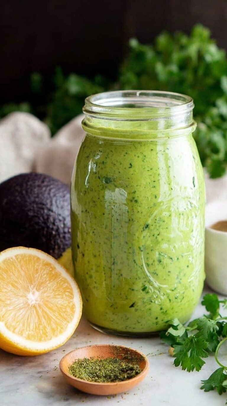 A bowl of vibrant green avocado dressing surrounded by fresh herbs and lemon slices.