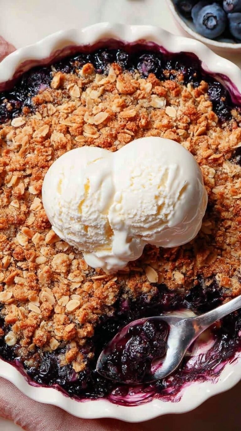A golden brown gluten-free blueberry crisp in a white baking dish with bubbling purple berries.