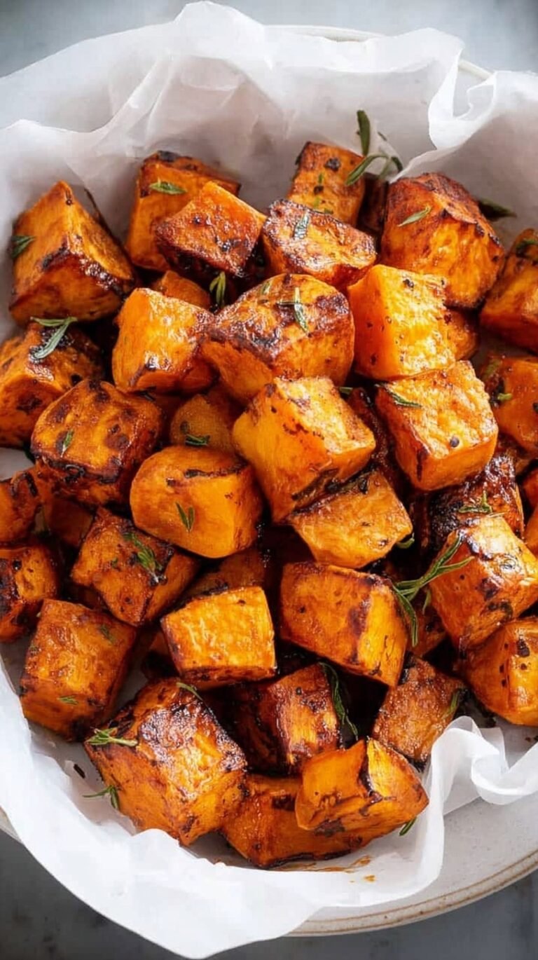 Golden brown seasoned sweet potato cubes in an air fryer basket