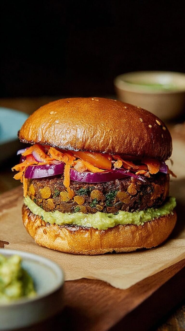 A hearty roasted black bean burger on a toasted bun with avocado and sprouts
