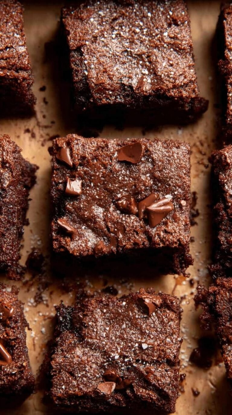 A stack of rich, fudgy flourless brownies on a cooling rack