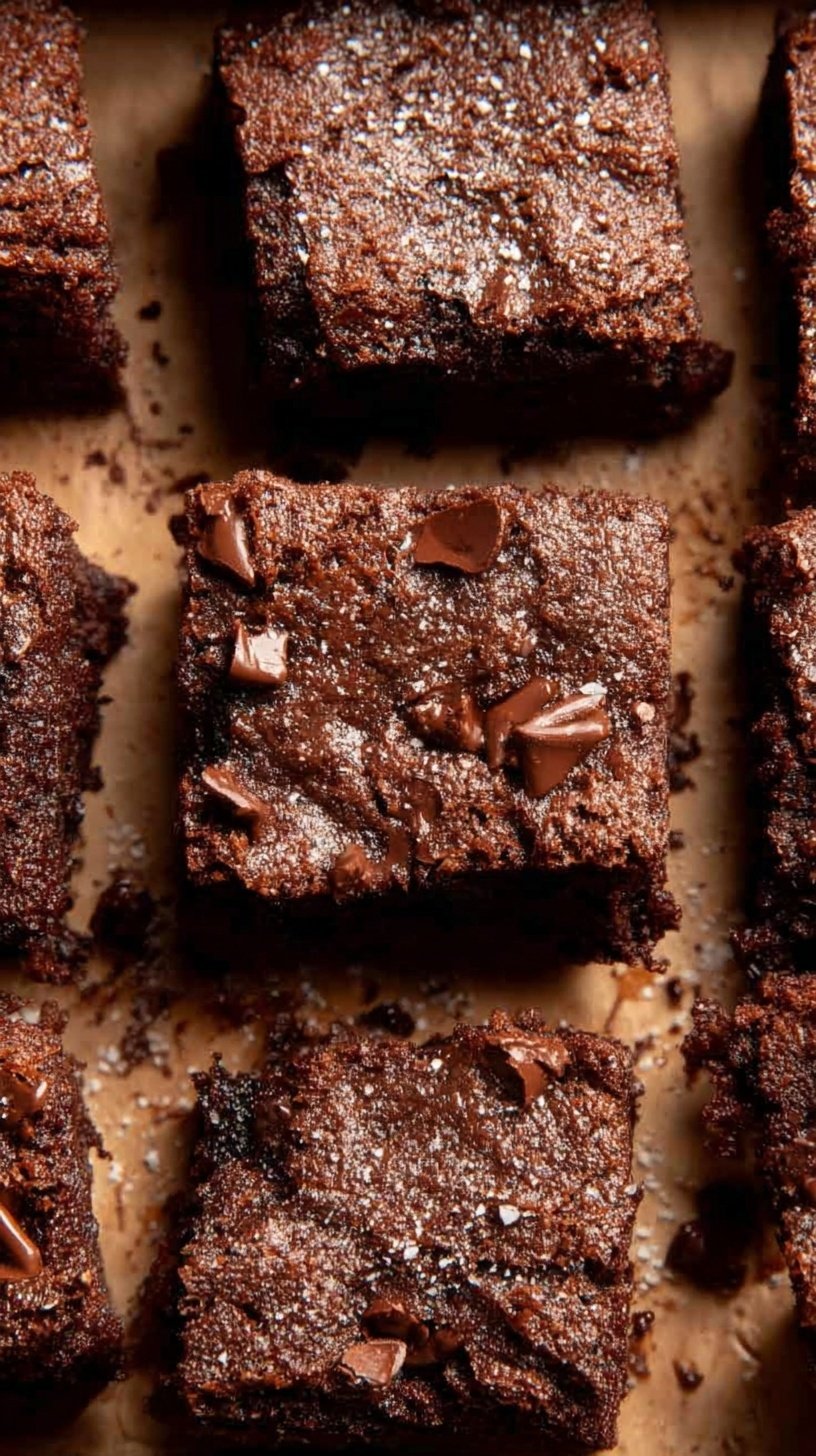 A stack of rich, fudgy flourless brownies on a cooling rack
