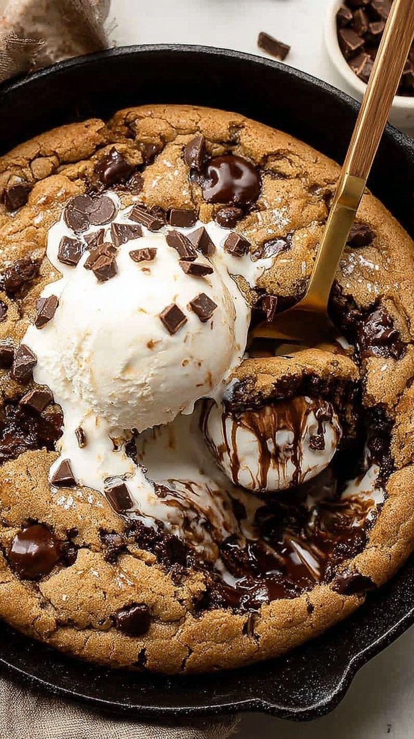 A warm chocolate chip cookie skillet with melted chocolate chips and golden edges in a cast iron pan.