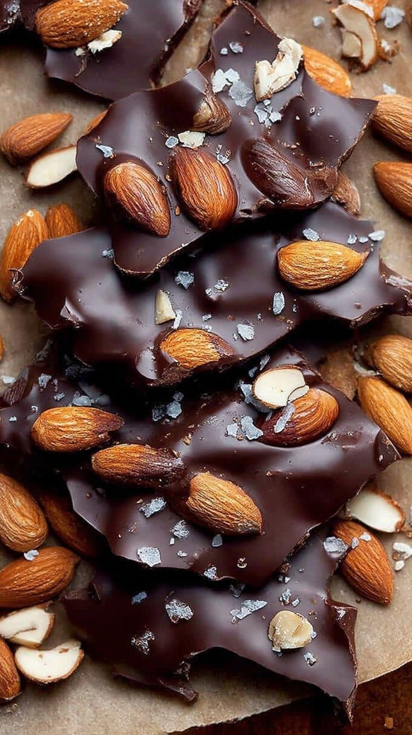 Pieces of dark chocolate almond bark with flaky sea salt on parchment paper