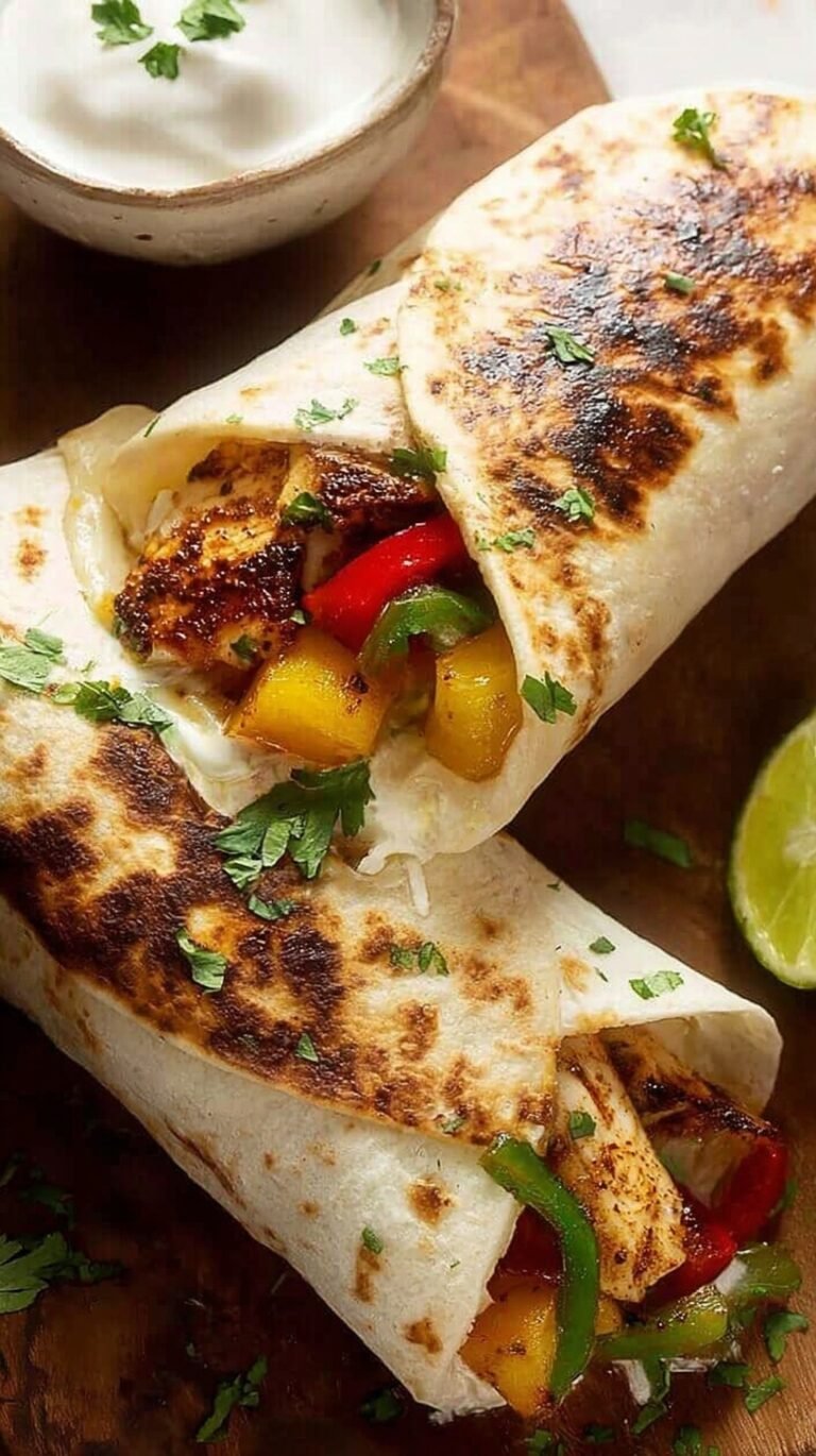 Sizzling chicken strips with colorful bell peppers and onions in a skillet for fajita wraps.