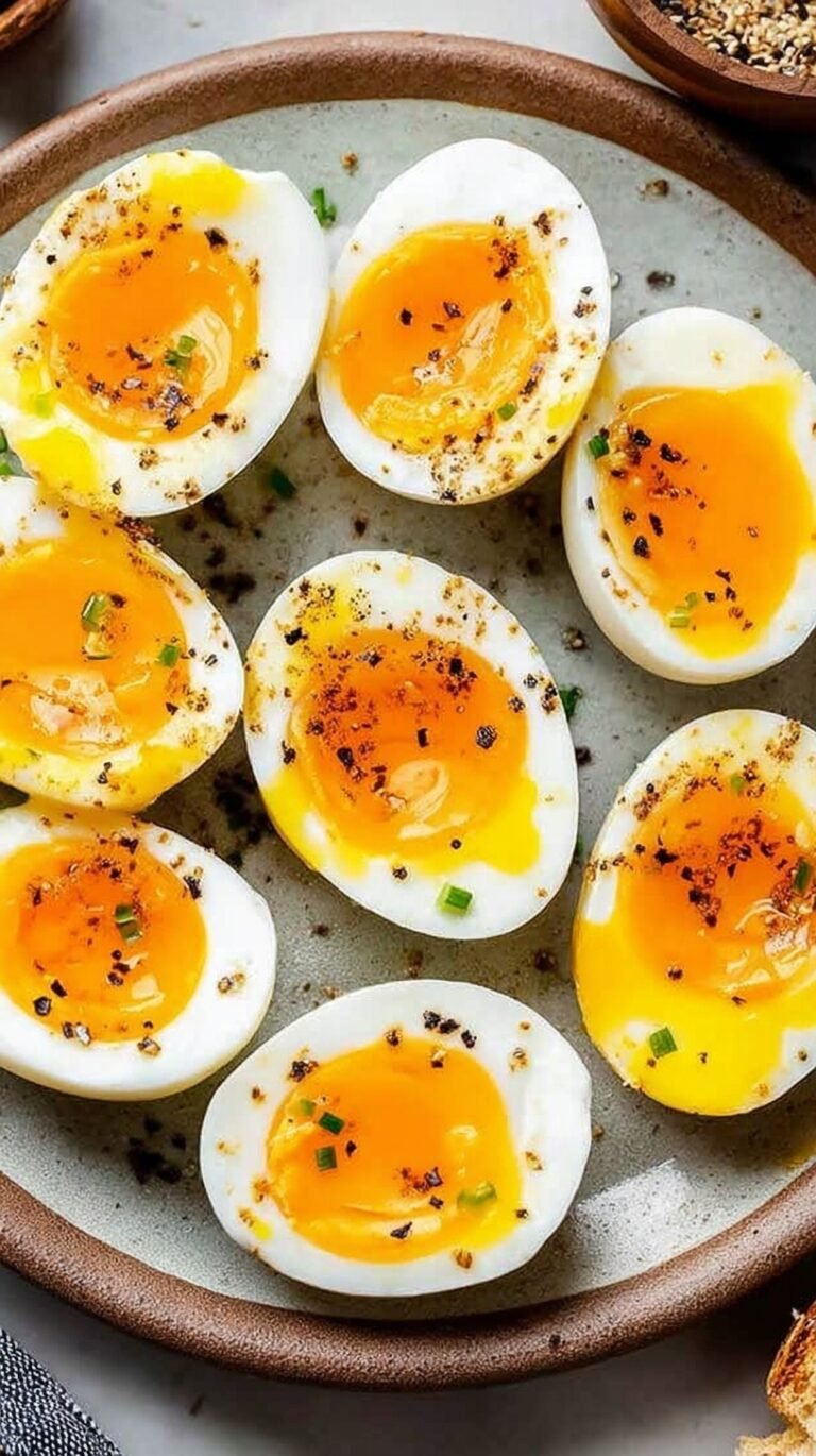 Four soft boiled eggs with jammy yellow yolks sitting in an egg carton with salt and pepper