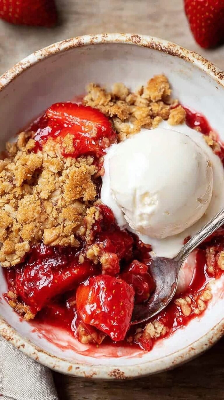 A golden brown strawberry crumble in a white baking dish with fresh halved strawberries