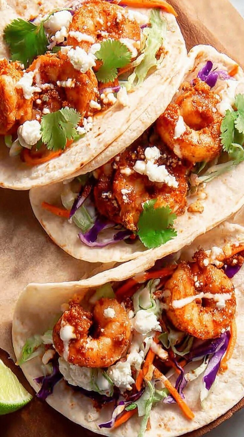 Crispy beer-battered shrimp in corn tortillas with cabbage slaw and chipotle crema
