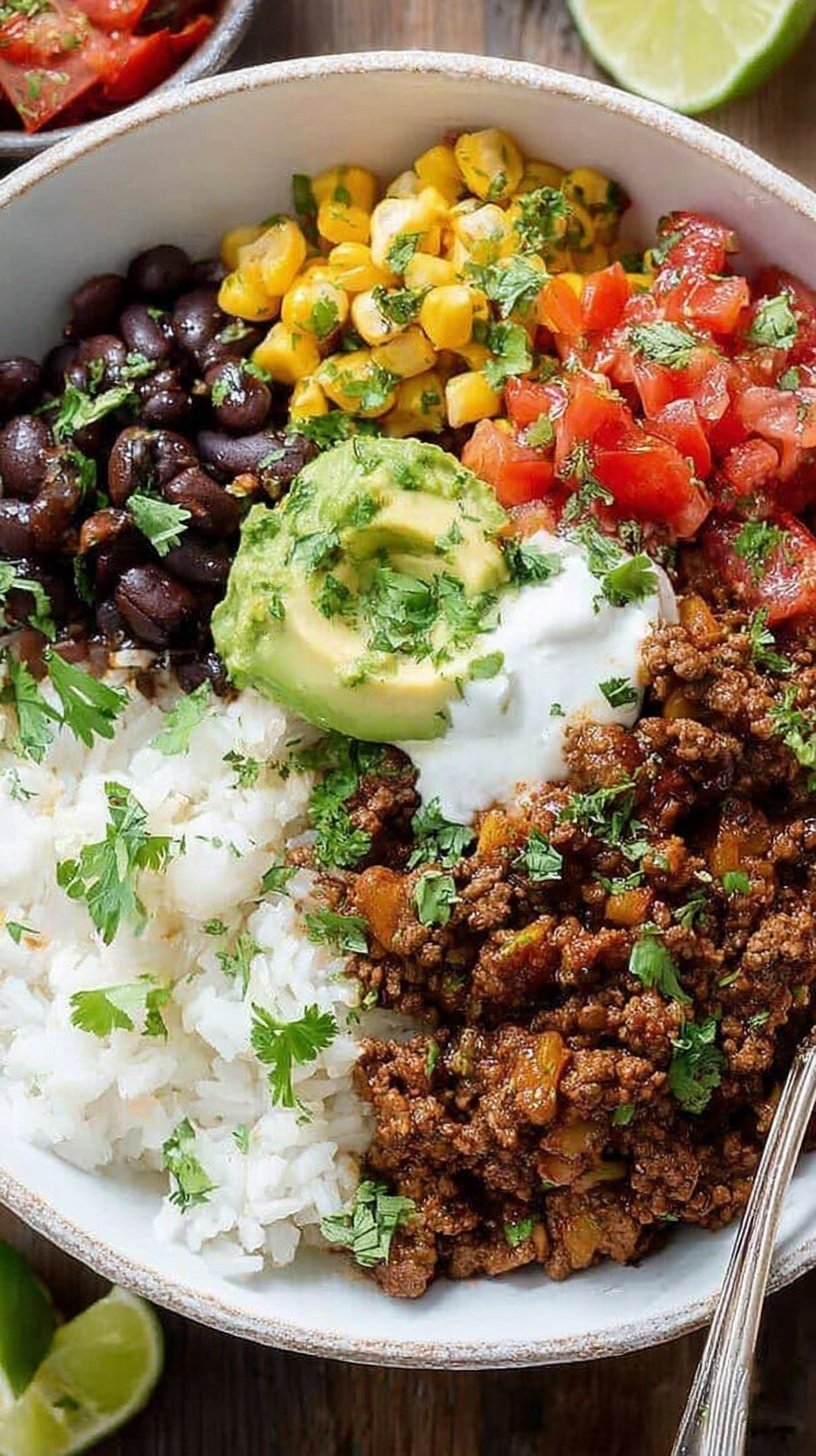 A vibrant beef burrito bowl with seasoned ground beef, cilantro-lime rice, black beans, corn, avocado, and shredded cheese in a white bowl.