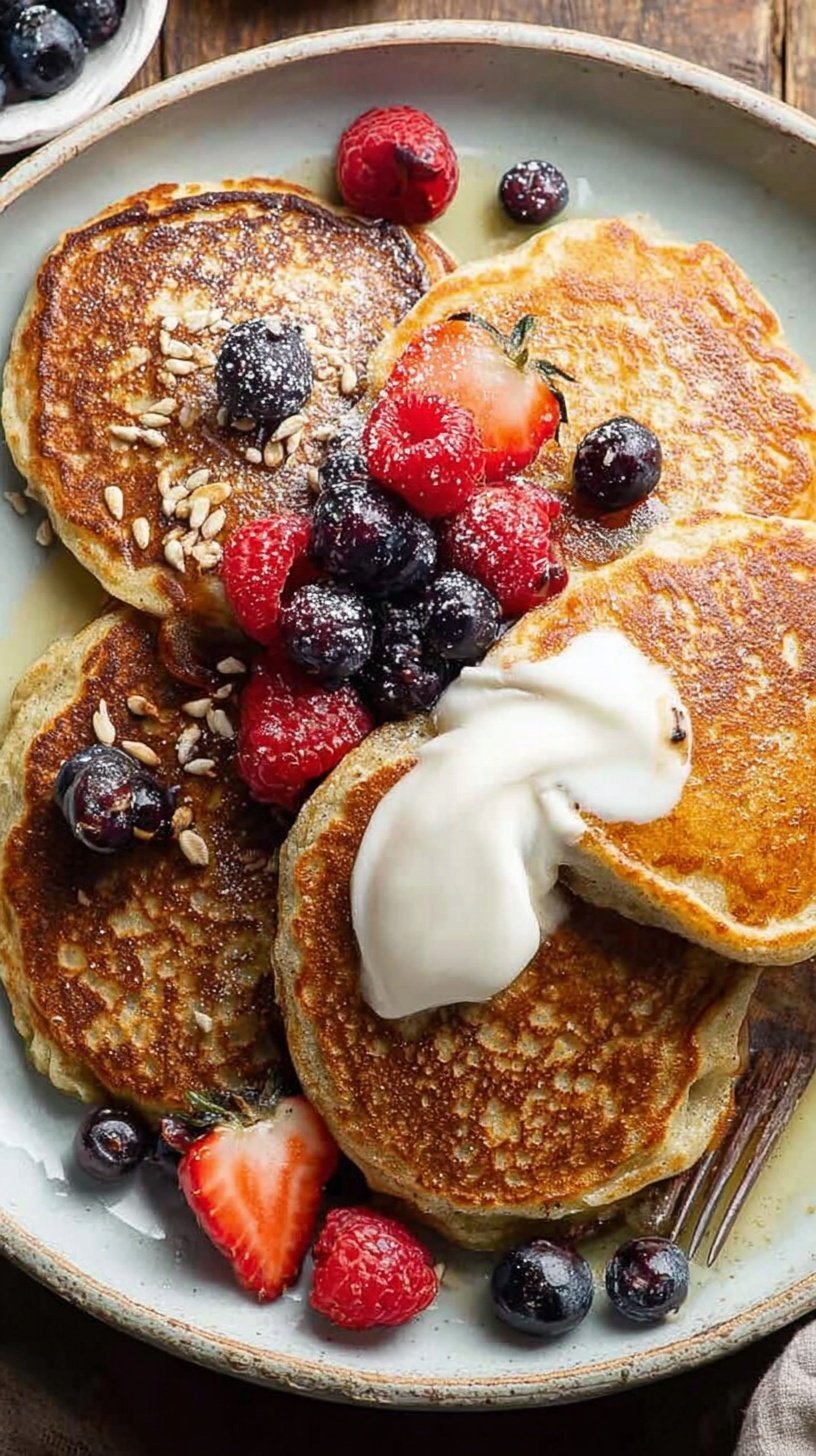 A stack of golden oat flour pancakes topped with fresh berries and maple syrup on a white plate.