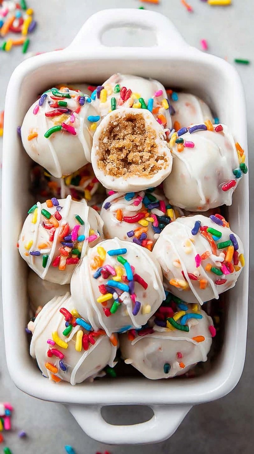 A plate of colorful healthy birthday cake truffles with rainbow sprinkles