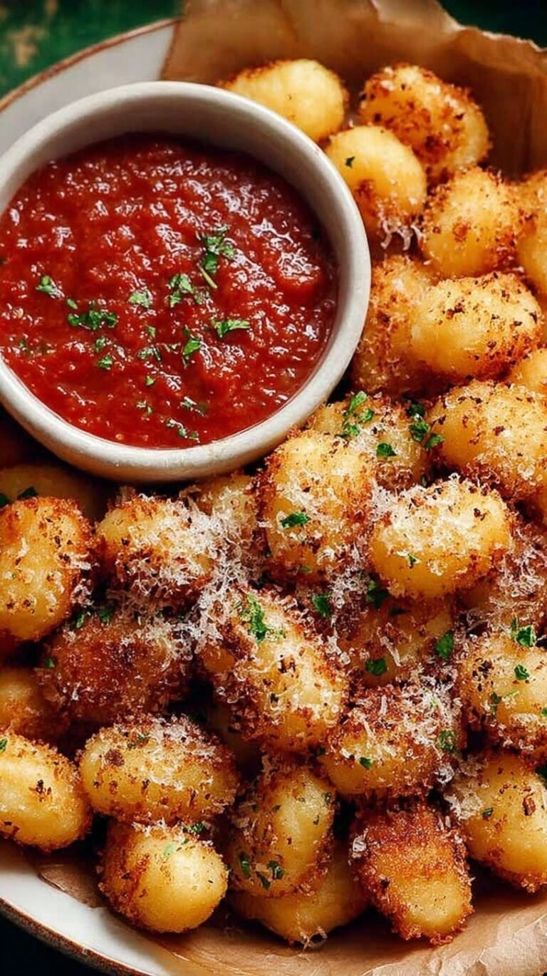 Golden brown crispy air fryer gnocchi tossed with parmesan cheese in a bowl