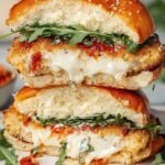 Golden brown chicken burgers stuffed with mozzarella cheese on brioche buns with marinara sauce.