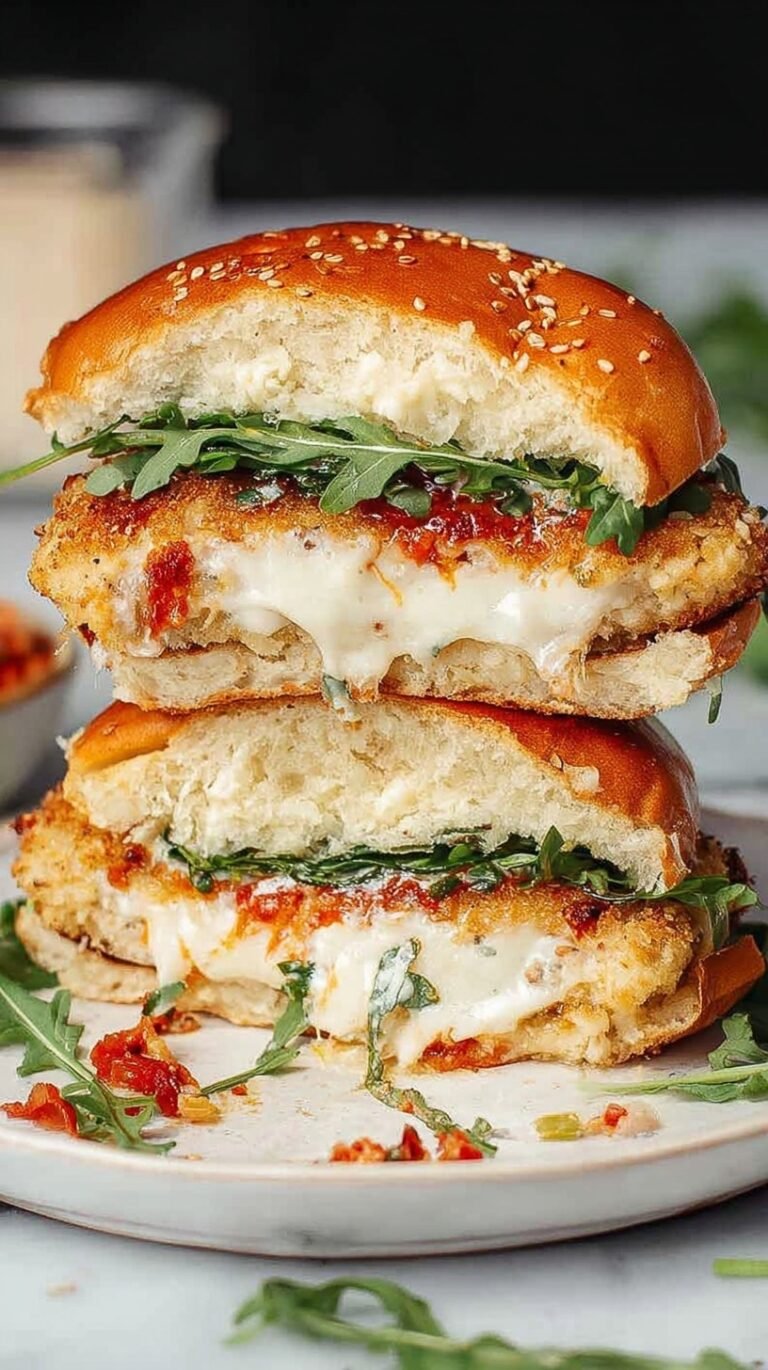 Golden brown chicken burgers stuffed with mozzarella cheese on brioche buns with marinara sauce.