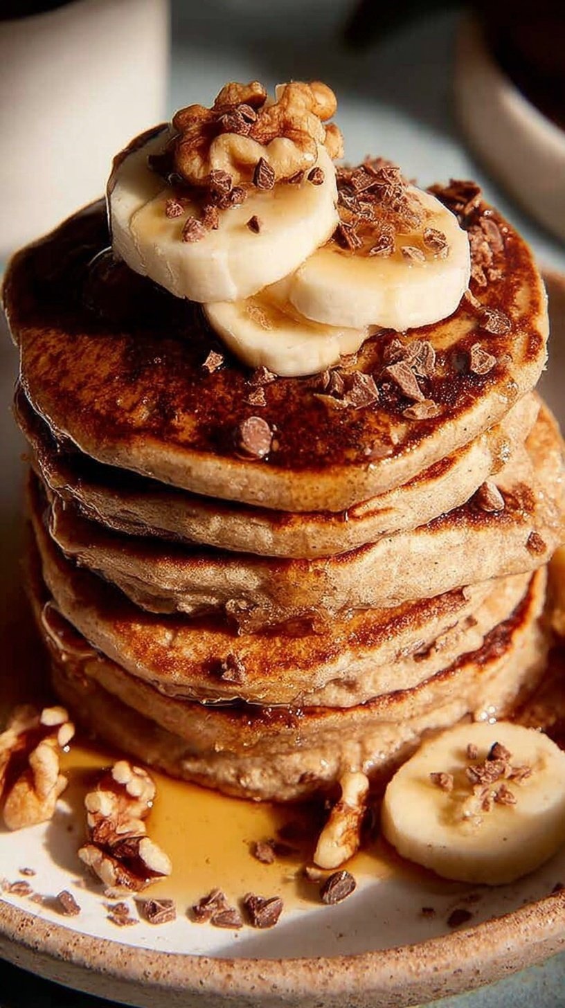 A stack of golden brown banana pancakes topped with walnuts and chocolate chips