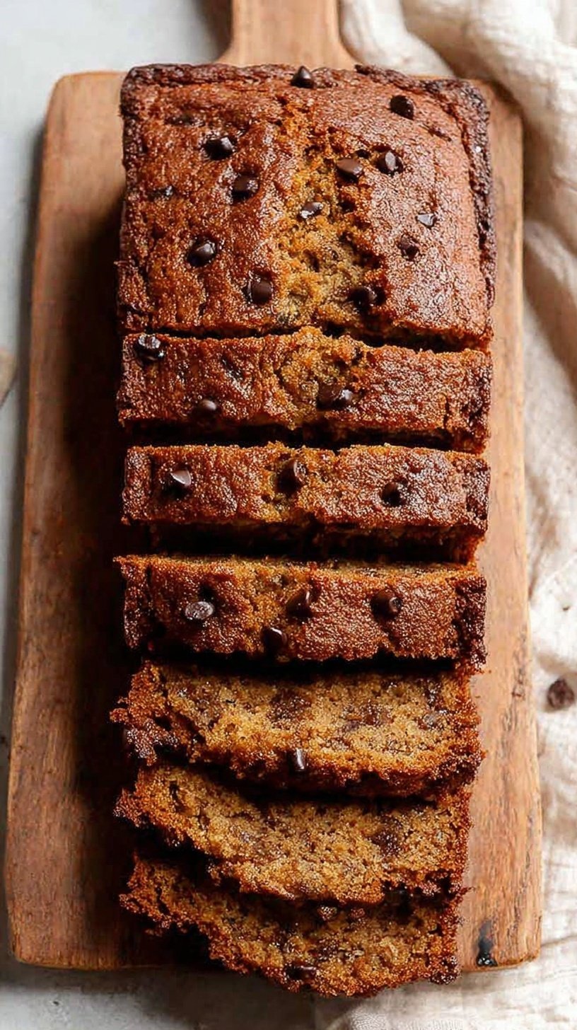 A golden brown loaf of oat flour banana bread sliced on a wooden board
