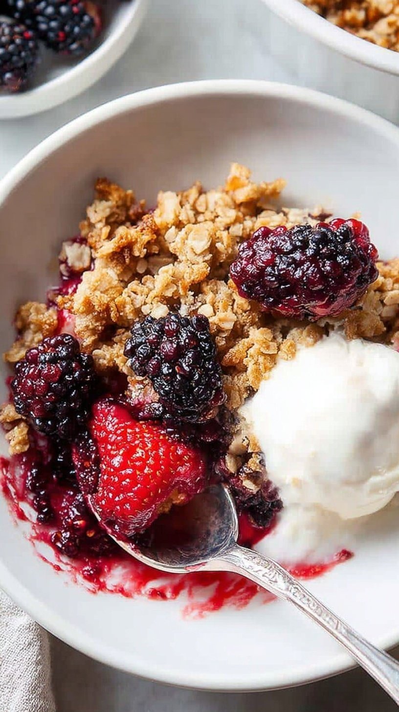 A warm healthy blackberry crumble in a baking dish with a golden oat and walnut topping.