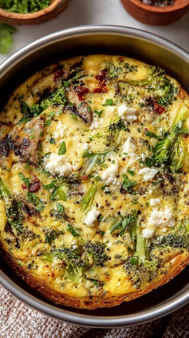 A golden brown air fryer frittata sliced into wedges in a small round pan