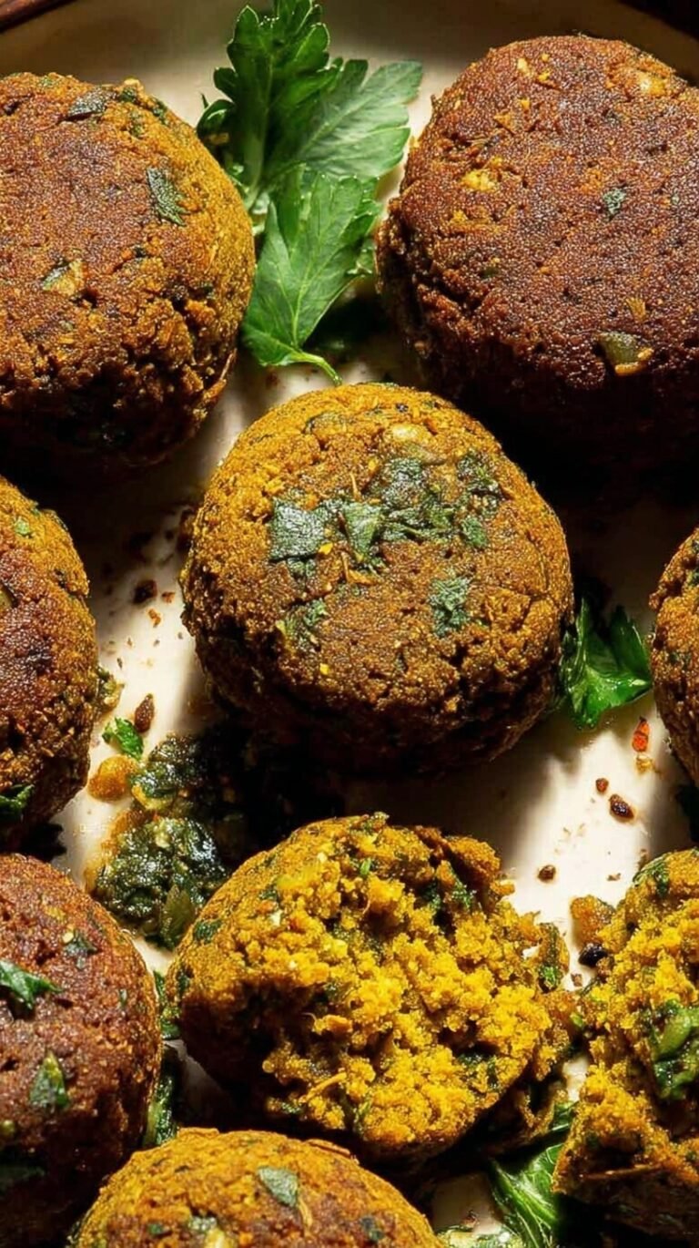 A plate of golden brown sweet potato falafel discs with fresh cilantro and a side of tahini sauce.
