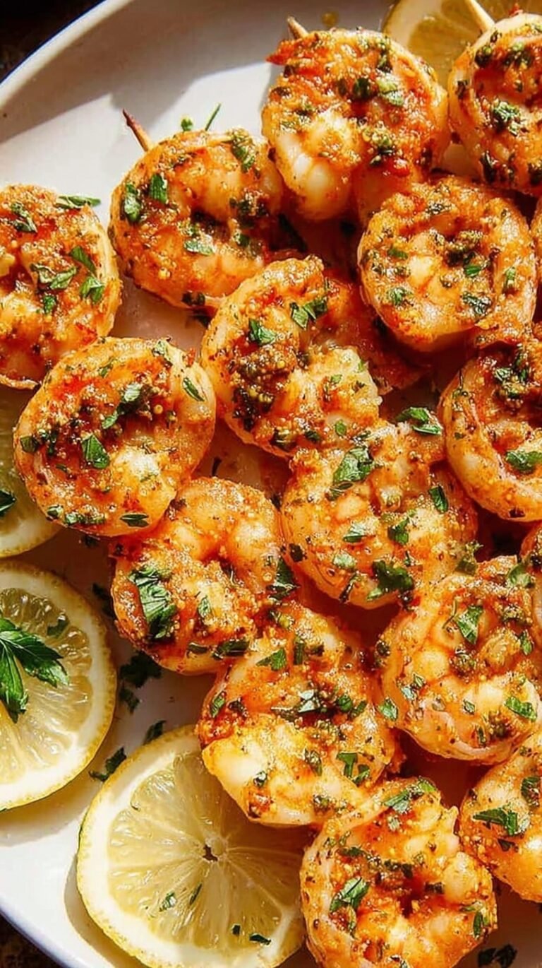 Golden brown oven baked shrimp skewers served on a tray with lemon wedges