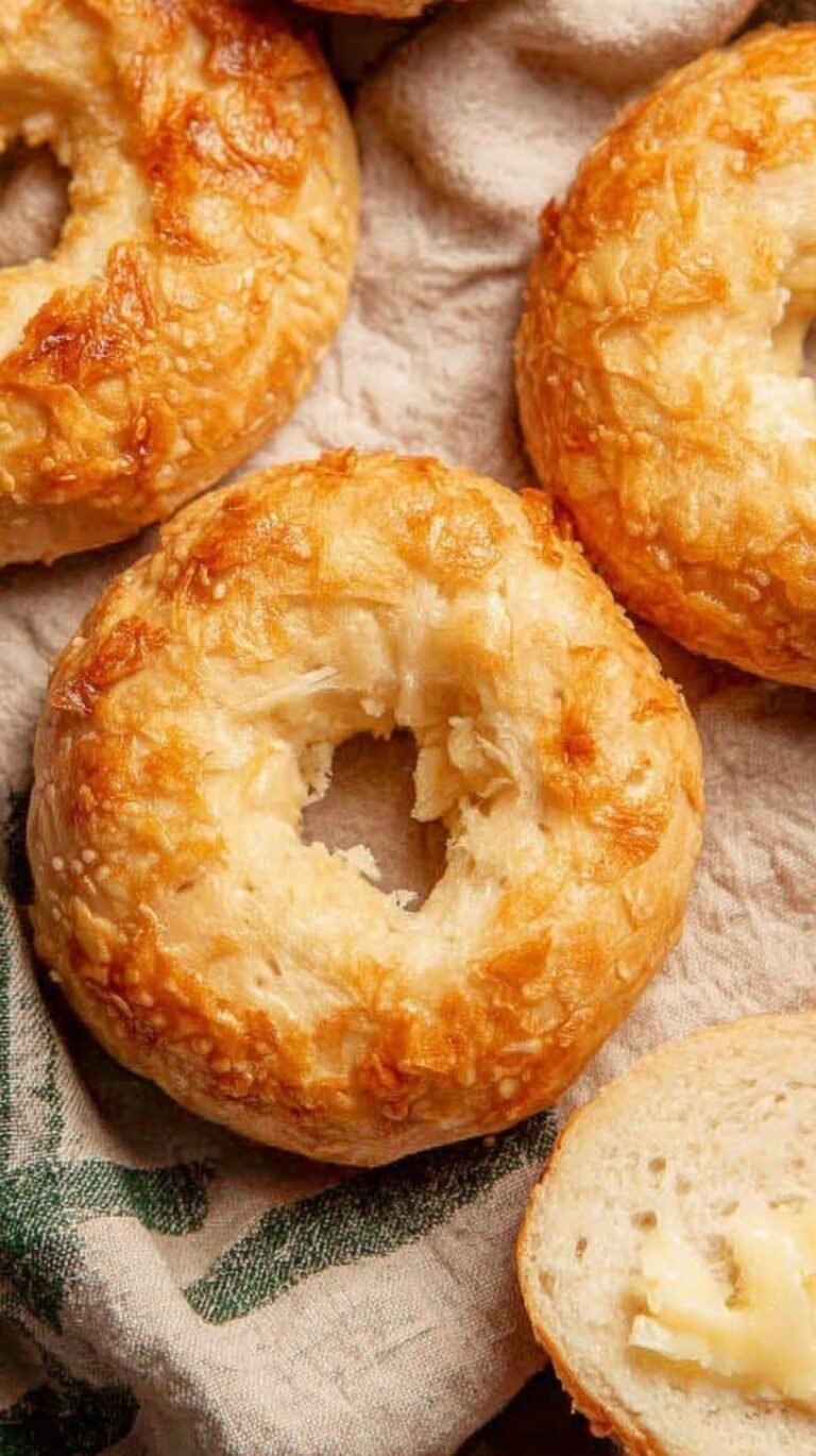 Freshly baked homemade asiago bagels with melted cheese on a wire rack