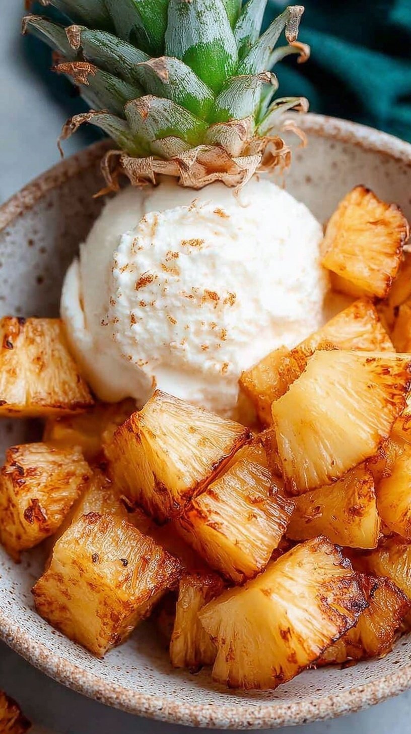 Golden caramelized pineapple wedges with cinnamon sugar in an air fryer basket