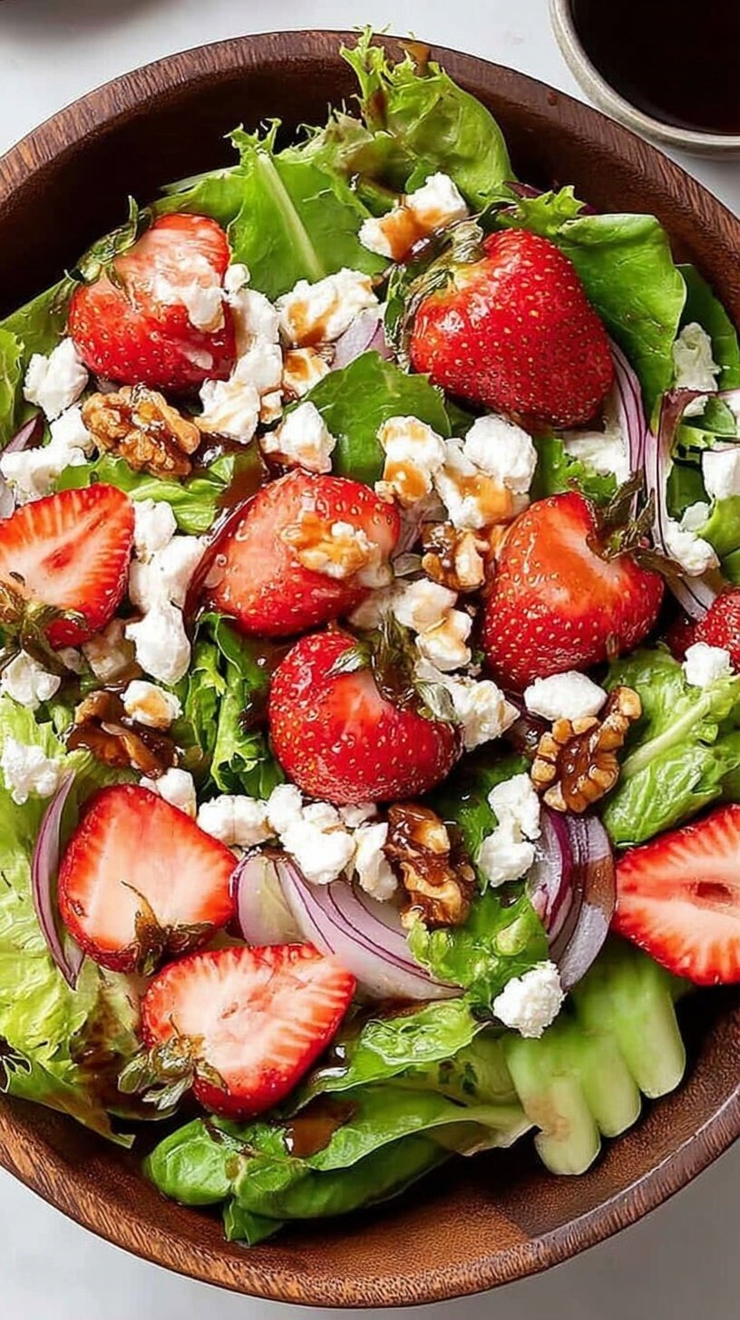 A fresh spinach salad topped with sliced strawberries, crumbled goat cheese, and toasted walnuts in a large bowl.