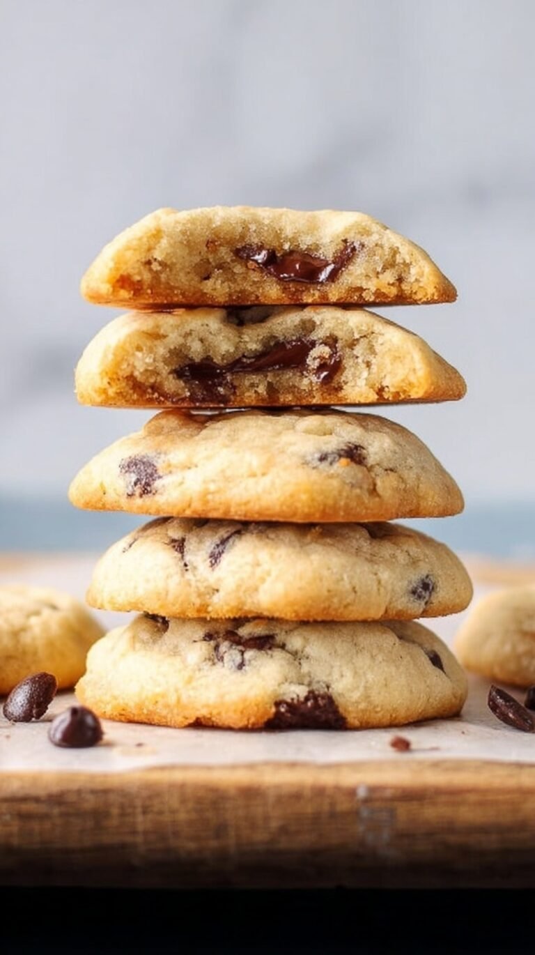 A stack of golden, crispy chocolate chip cookies made with white sugar on a cooling rack.