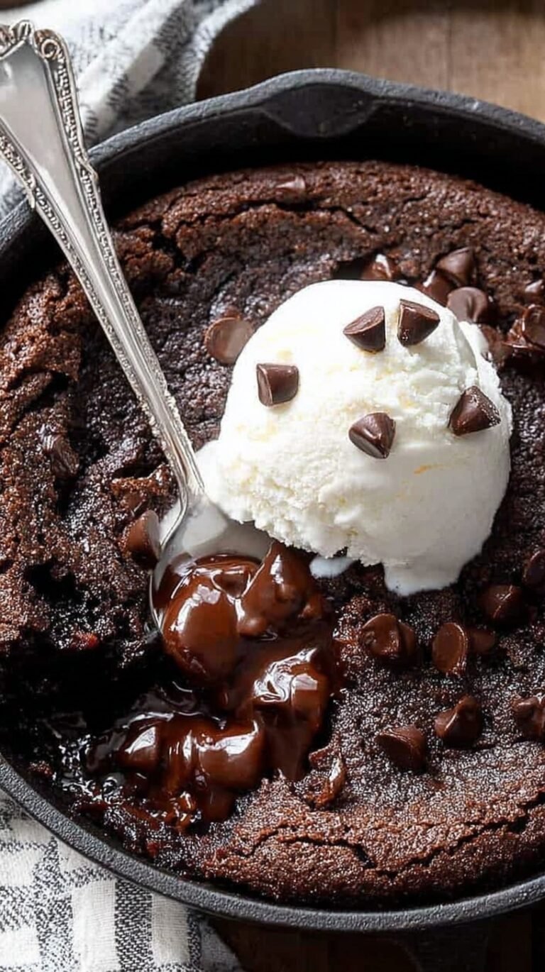 A gooey flourless brownie in a cast iron skillet with melted chocolate chips and crisp edges.