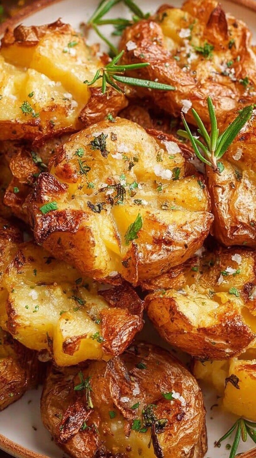 Golden brown and crispy smashed potatoes seasoned with rosemary and garlic in an air fryer basket