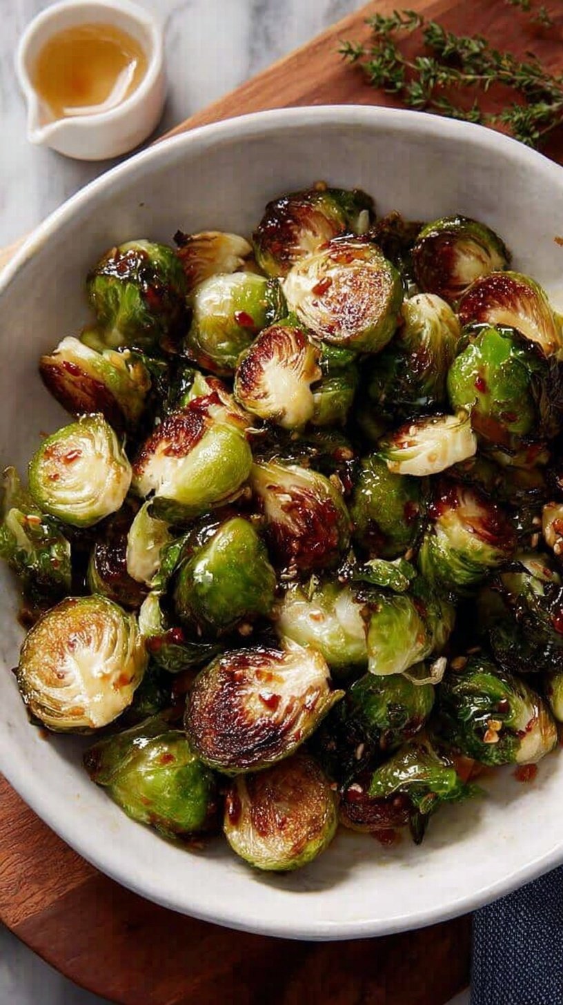Roasted halved brussel sprouts coated in a glossy honey sriracha glaze on a baking sheet