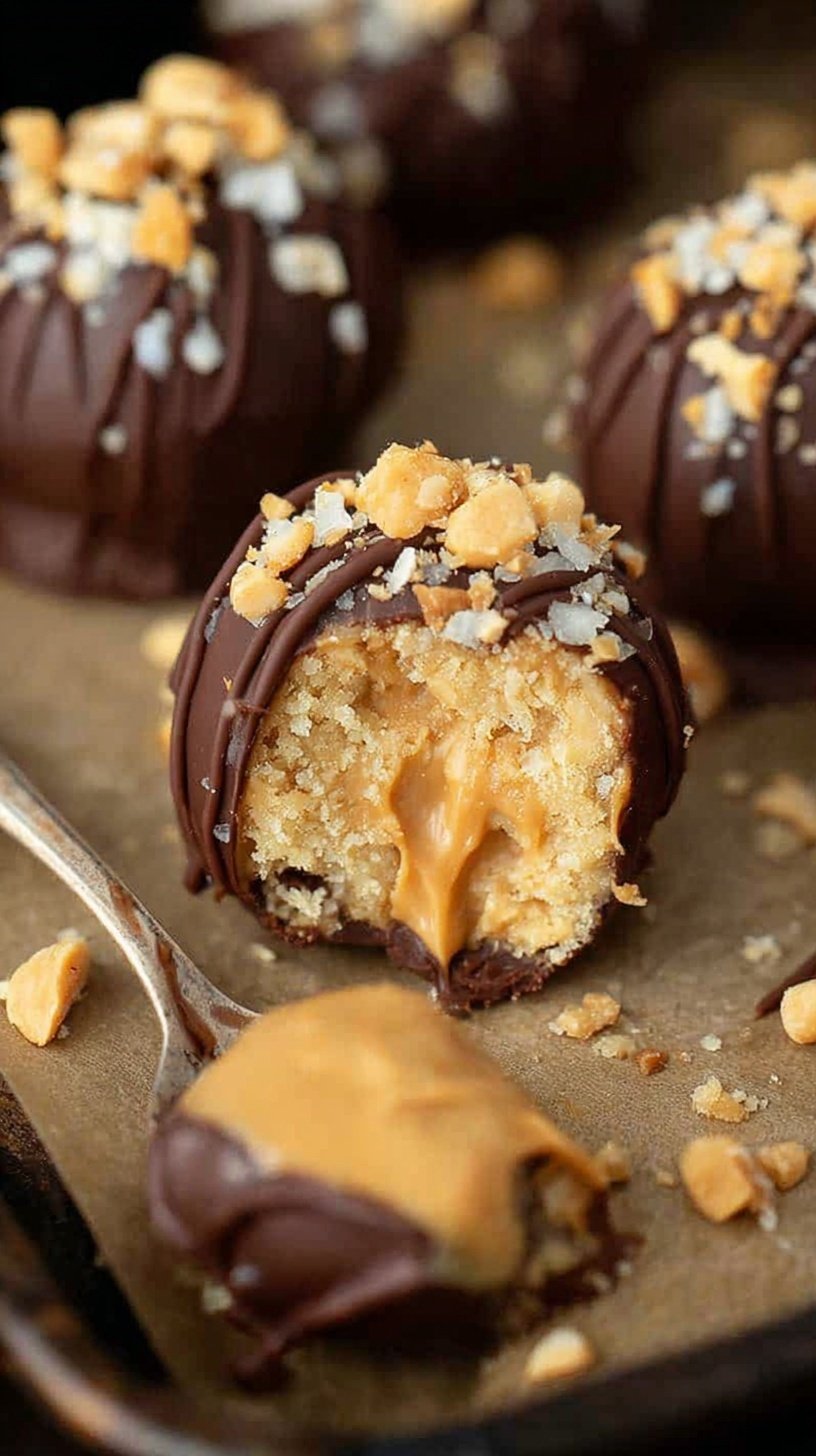 A plate of dark chocolate covered peanut butter truffles topped with sea salt