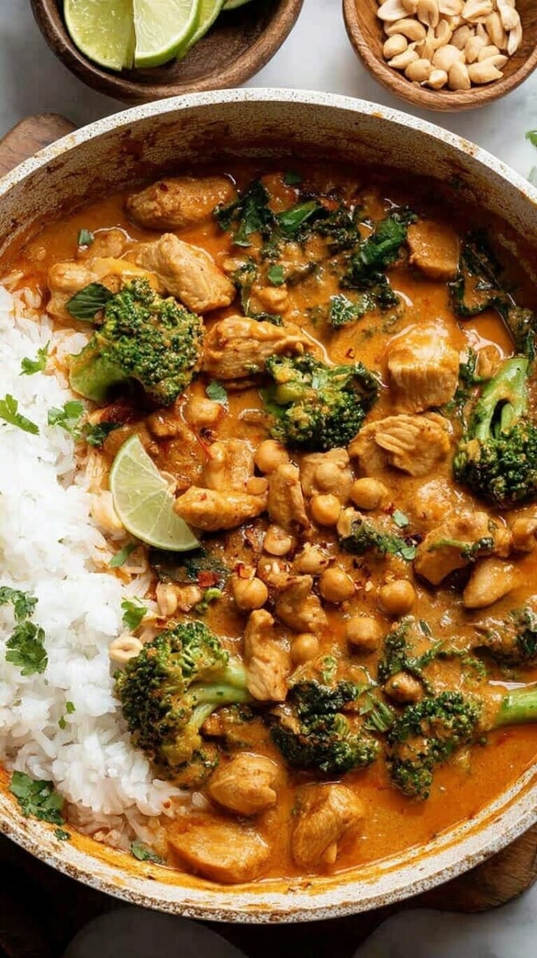A bowl of creamy chicken peanut butter curry topped with cilantro and peanuts over jasmine rice