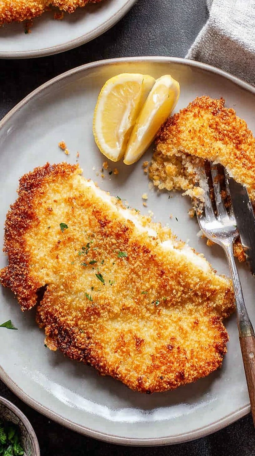 Golden brown crispy air fryer chicken cutlets on a plate with a side of lemon