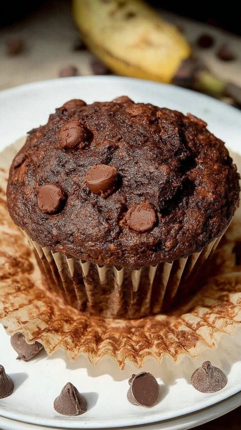 A stack of moist chocolate banana muffins with melted dark chocolate chips on top.