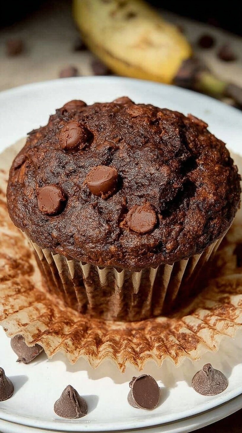 A stack of moist chocolate banana muffins with melted dark chocolate chips on top.