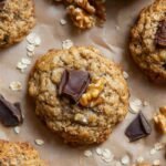 A stack of golden brown healthy oatmeal walnut cookies on a cooling rack.