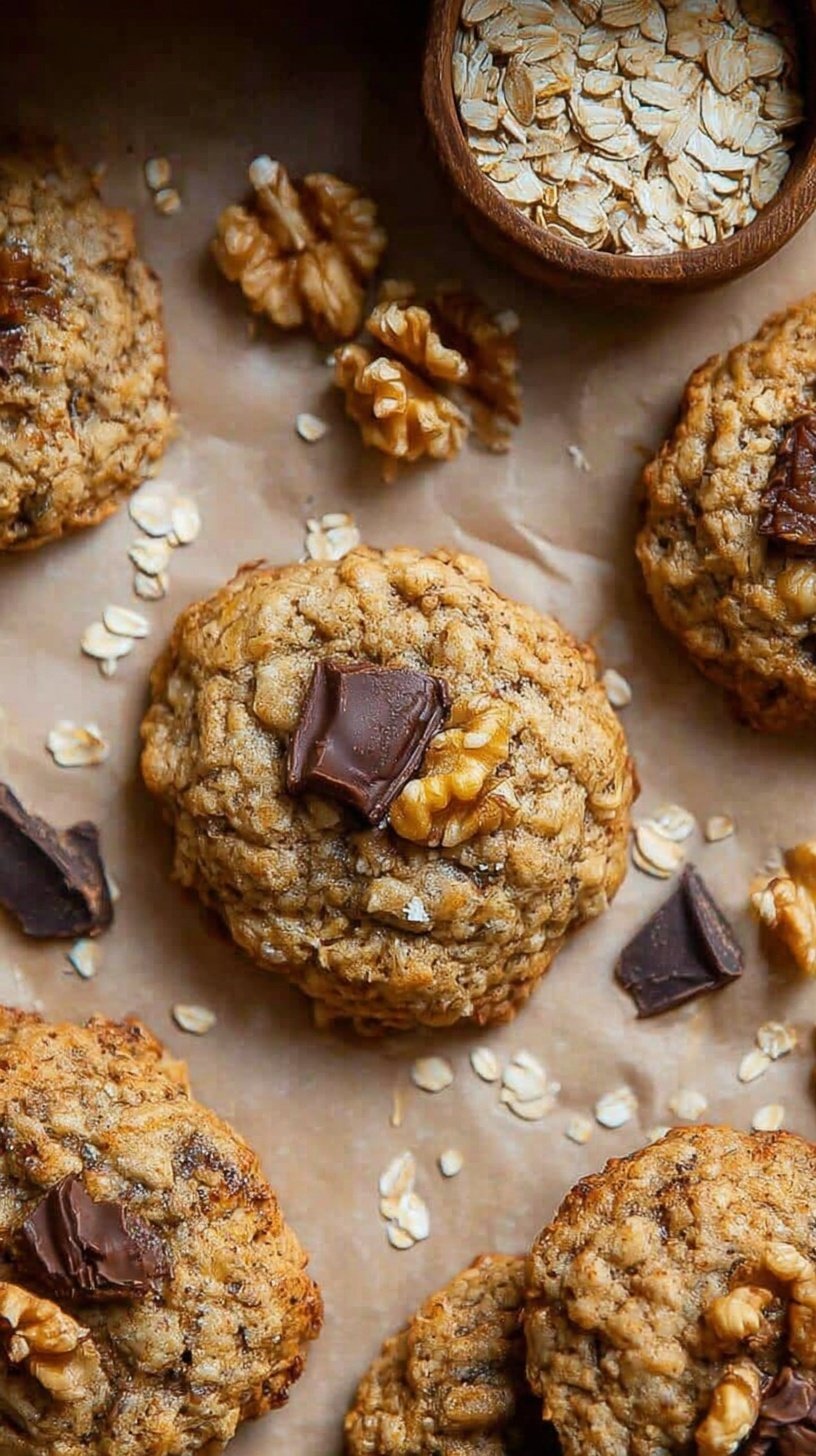 A stack of golden brown healthy oatmeal walnut cookies on a cooling rack.