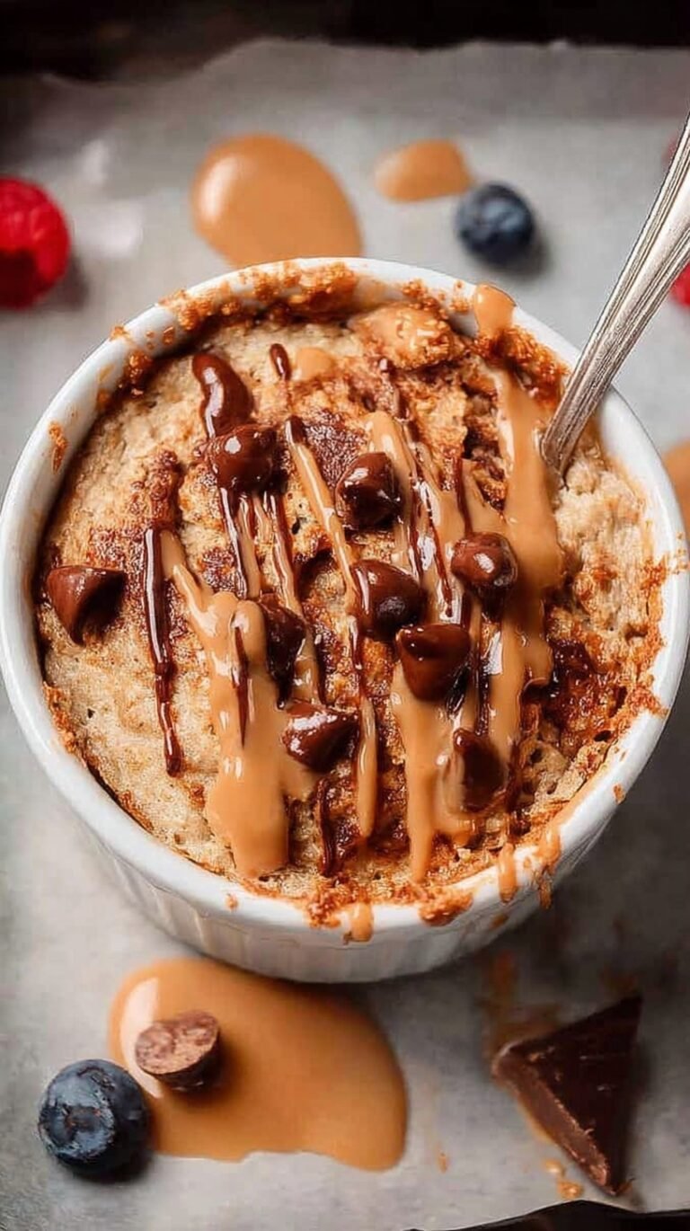 A warm ramekin of protein baked oats topped with a banana slice and a drizzle of maple syrup