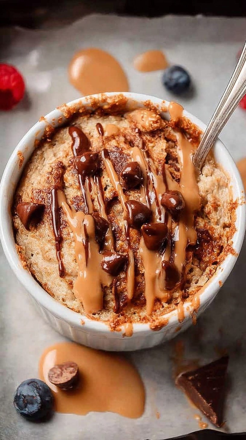 A warm ramekin of protein baked oats topped with a banana slice and a drizzle of maple syrup