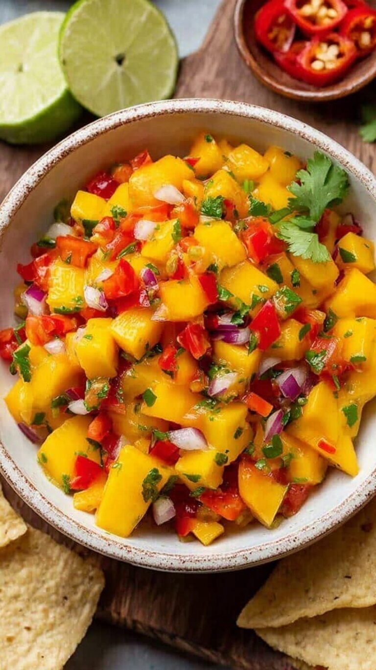 A bowl of vibrant mango habanero salsa with red onion and cilantro