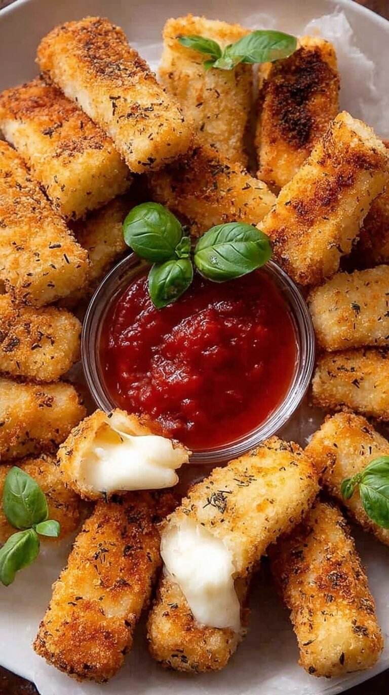 A plate of golden brown Air Fryer Mozzarella Sticks with a side of marinara sauce